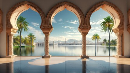 Beautiful islamic architecture, Arched view of a lake and arches
