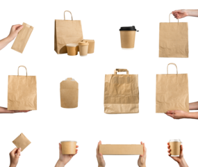 Paper packages set. Carton kraft packs, containers, bags, boxes, pouches isolated on white