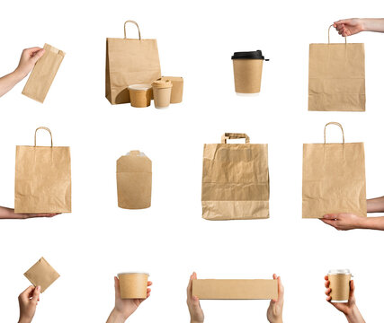 Paper packages set. Carton kraft packs, containers, bags, boxes, pouches isolated on white