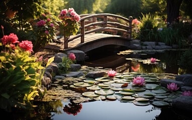 Aesthetic Pond with Water Lilies and a Wooden Walkway