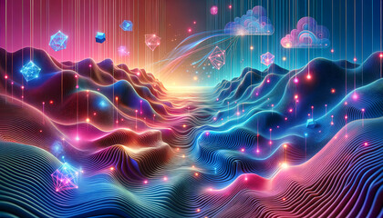 Obraz premium Surreal Synapses: Convolutional Network in Psychedelic Digital Landscape