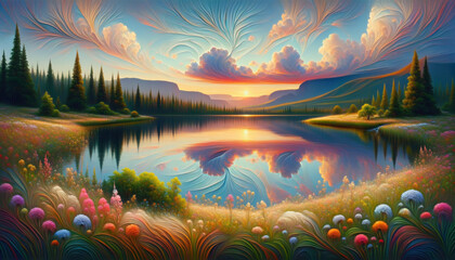 Tranquil sunset landscape with interlocking lake tiles and neural network-inspired flora.