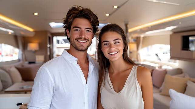 young couple in light clothes in the interior of a yacht