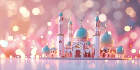 Ramadan Kareem Celebration, A Majestic Islamic Mosque, Symbolizing the Spirit of Eid Mubarak and the Joyous Festivities. - obrazy, fototapety, plakaty