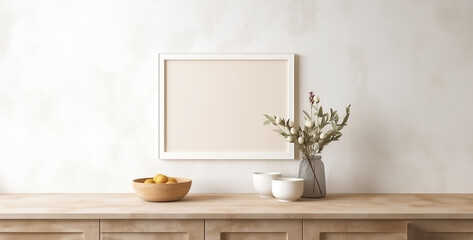 kitchen interior, rustic farmhouse kitchen empty wall with slim wooden - obrazy, fototapety, plakaty