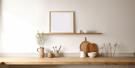 interior with table, kitchen interior, rustic farmhouse kitchen empty wall with slim wooden - obrazy, fototapety, plakaty