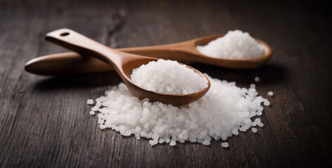 Fototapeta na wymiar salt on wooden spoon, salt and pepper on wooden spoon, low sodium diet