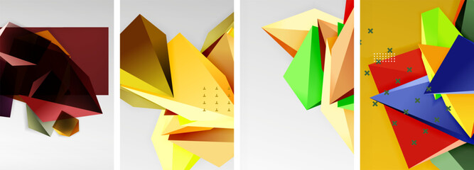 Trendy low poly 3d triangle shapes and other geometric elements background designs for wallpaper, business card, cover, poster, banner, brochure, header, website