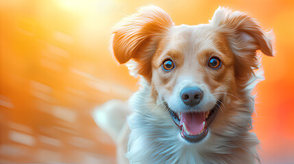A delighted mixed breed dog with floppy ears and shining eyes against the radiant backdrop of a sunset sky.
 - obrazy, fototapety, plakaty