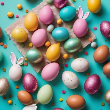 Easter sweets concept. Top view photo of easter bunny ears chocolate eggs with dragees and sprinkles on turquoise background with empty space