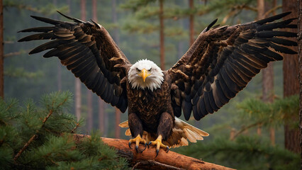Thrill of observing a bald eagle landing amidst a stand of tall pine trees, its talons gripping a sturdy branch with precision and embodying freedom and strength in the heart of the wilderness