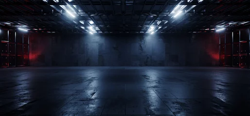 Sci Fi Grunge Cement Asphalt Underground Warehouse Tunnel Corridor Garage Basement Alien Metal Plates Showroom Background Realistic Dark Room 3D Rendering © IM_VISUALS