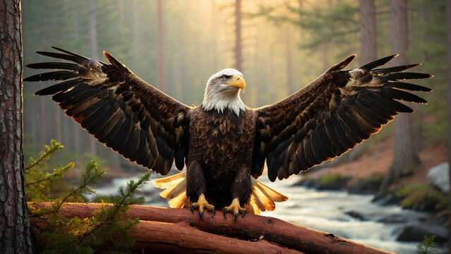 Thrill of observing a bald eagle landing amidst a stand of tall pine trees, its talons gripping a sturdy branch with precision and embodying freedom and strength in the heart of the wilderness