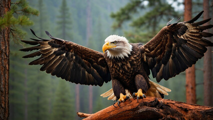 Thrill of observing a bald eagle landing amidst a stand of tall pine trees, its talons gripping a sturdy branch with precision and embodying freedom and strength in the heart of the wilderness