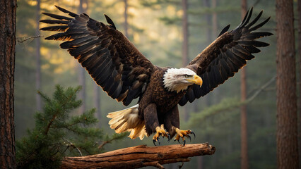 Fototapeta premium Thrill of observing a bald eagle landing amidst a stand of tall pine trees, its talons gripping a sturdy branch with precision and embodying freedom and strength in the heart of the wilderness