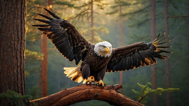 Thrill of observing a bald eagle landing amidst a stand of tall pine trees, its talons gripping a sturdy branch with precision and embodying freedom and strength in the heart of the wilderness