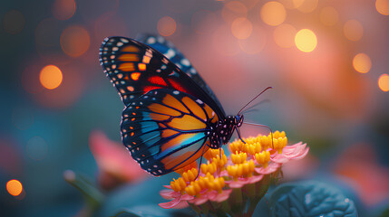 Fototapeta na wymiar A Monarch butterfly perches delicately on a bright yellow flower, its wings richly colored against a bokeh background. 