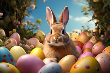Fototapeta na wymiar Beautiful Rabbit on Colorful Eggs - Ai Generated