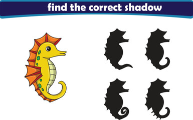 Funny cartoon seahorse. find the correct shadow. Kids Education games. Cartoon vector illustration