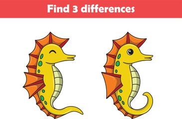 Education game for children find three differences between two seahorses animal cartoon. Vector illustration