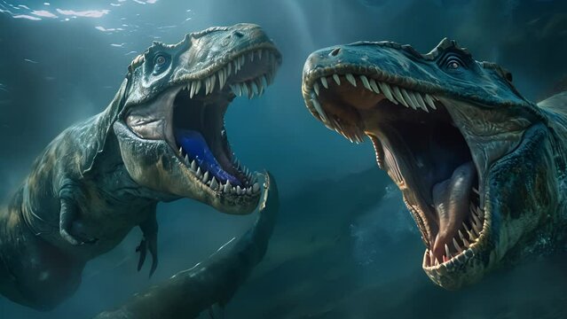 In the depths of the ocean a Dakosaurus fights tooth and claw with a powerful Elasmosaurus both vying for dominance in this prehistoric world.