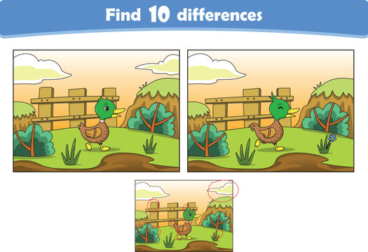 Funny cartoon little duck. Find 10 differences. Kids Education games. Cartoon vector illustration