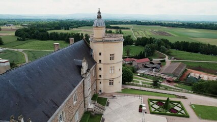 drone shot over the Chateau de Boutheon in Andrezieux Boutheon in the forez region, Loire departement, Auvergne Rhone alpes, France