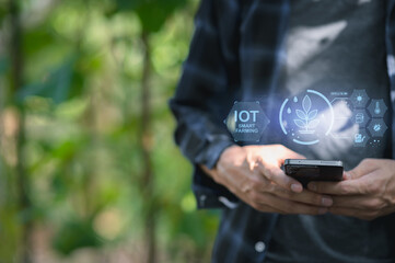 agriculture and modern technology Farmer using smart farming technologies using AI Check the growth of vegetables and fruits with smart farm technology