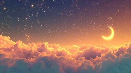Radiant Ramadan Kareem, A Background adorned with Crescent, Stars, and Glowing Clouds, Illuminating the Spirit of the Holy Month.