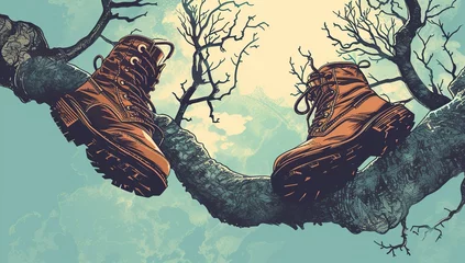 Cercles muraux Montagnes Pair of boots on a tree branch against mountains. The concept of travel and adventure.