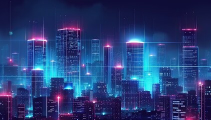 Fototapeta premium Digital graphic cityscape representing network technologies. Concept of urban landscape and digitalization.