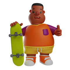   3D Illustration. 3D cartoon illustration of Big Boy with a skateboard with a thumbs up pose. showing a funny laughing expression. 3D Cartoon Character