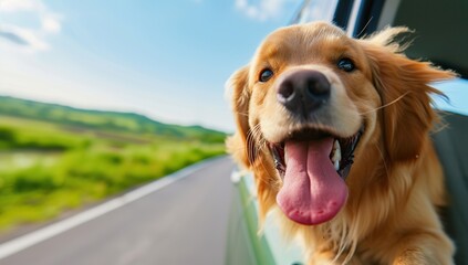 Dog sticking its head out of a car. Concept of travel and adventure.