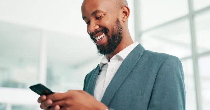 Happy, businessman and phone typing for social media, communication or online chatting at office. Black man or employee with smile on mobile smartphone in research, texting or networking at workplace