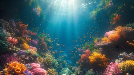A serene underwater view of a coral reef, with sunlight filtering through the water, illuminating the marine landscape.
