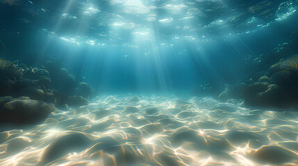 Naklejka premium A serene underwater view of a coral reef, with sunlight filtering through the water, illuminating the marine landscape. 
