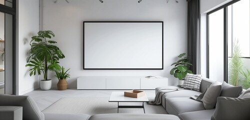 A large, wall-mounted blank monitor screen in a minimalistic living room with neutral tones.