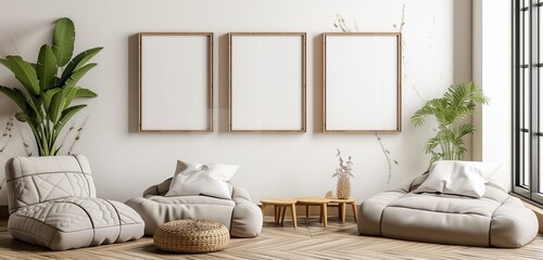 A series of empty frame mockups with a quilted, fabric border, arranged in a cozy, homey setting