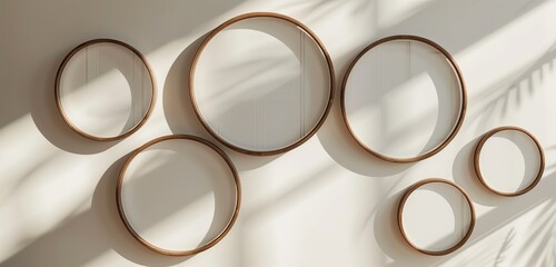 A series of round, empty frame mockups with a glossy, ceramic finish, arranged on a clean, white wall