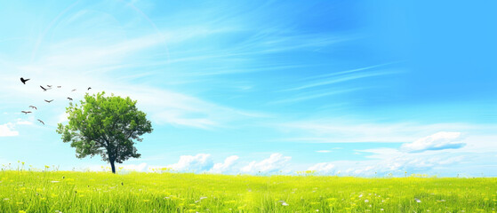 A tree on a green field and a clear blue sky. The concept of travel services. Summer background and copy space