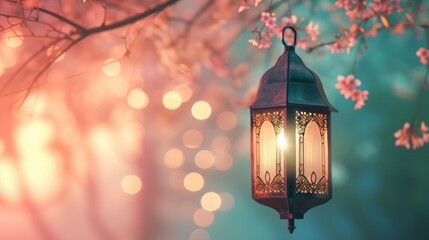 Fototapeta na wymiar Ramadan Lantern, A Symbolic Islamic Eid Mubarak Background, Illuminated with Spiritual Significance.