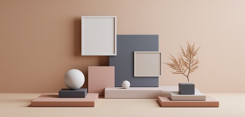 A set of overlapping empty frame mockups in different shapes, creating a dynamic display on a muted wall.
