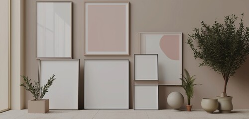 A set of overlapping empty frame mockups in different shapes, creating a dynamic display on a muted wall.