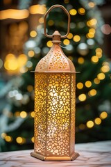 Ramadan Kareem, A Golden Lantern Radiating Elegance Against a Delicate Bokeh Light Background.