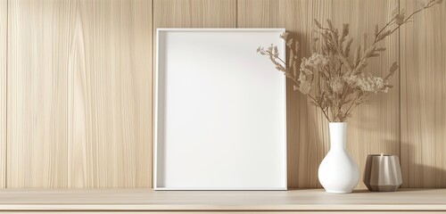 A thin, white empty frame mockup in a Scandinavian style, placed on a light wooden wall.