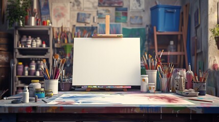 An artist's workspace with a blank digital drawing tablet, paintbrushes, and art supplies