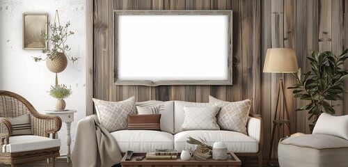 An empty frame mockup with a rustic, barnwood finish, set in a cozy, country-style room