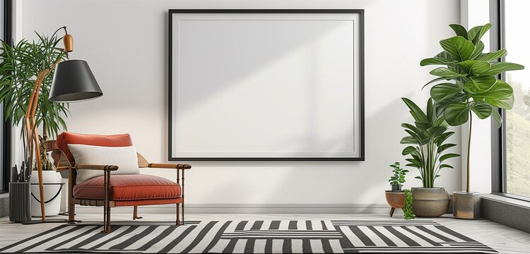An empty frame mockup with a bold, striped border, making a graphic statement in a contemporary room