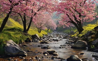 Obraz na płótnie Canvas Stream and Cherry Blossoms