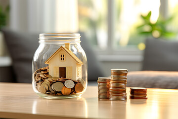 Savings for buying or renting home. Miniature house in coin jar on the table. Rising property values, mortgage rates and high housing tax